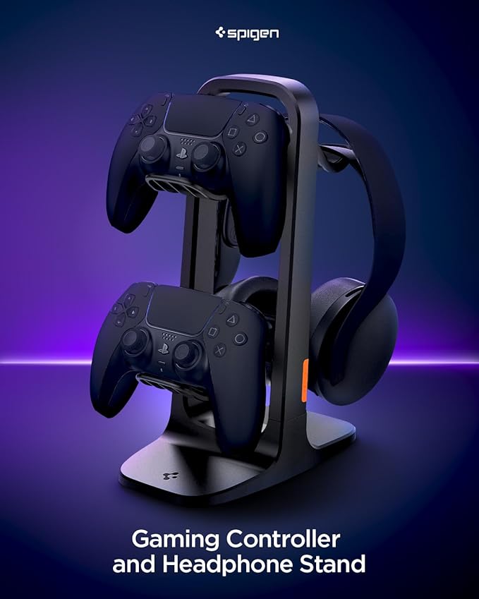 Spigen Gaming Controller and Headset Stand for PlayStation, Xbox, Nintendo Switch 2, Razer, Gaming Headphones and Headsets, Universal Desk Stand Mount, 2 Tiers with Storage Cable Organizer - Black