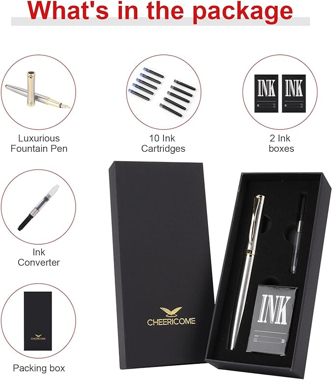 Cheericome Luxury Fountain Pen Set - Smooth Writing Fountain Pen Fine Nib, Includes 10 Ink Cartridges and Ink Refill Converter - Silver