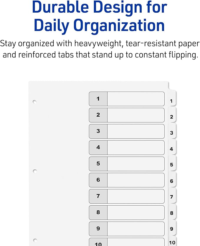 Avery Dividers for 3 Ring Binders, 10 Tabs per Set, Customizable Table of Contents, Classic White Tabs, Great for Organizing Reports, Projects, and More (11134)