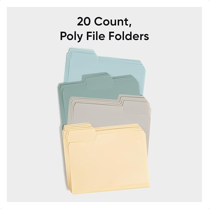 Smead SuperTab Poly Plastic File Folders for Documents, Set of 20 Plastic Folders, 1/3-Cut Tabs, File Folders Letter Size, Assorted Twilight Colors, Office Supplies, School Supplies (10521)