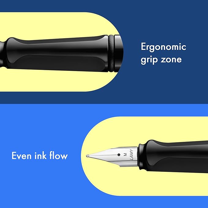 LAMY safari black - Fountain Pen with ergonomic grip & polished steel nib in size B - ideal for any Writing & Calligraphy - including LAMY T 10 blue cartridge - Right-Handed
