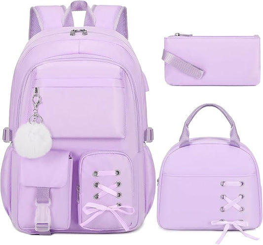 Backpacks for Girls, Girls Backpack with Lunch Box & Pencil Pouch for Teens Girl Kids Elementary Middle High School College Student Bookbag Daypack Laptop Travel Backpack for Women (Purple)