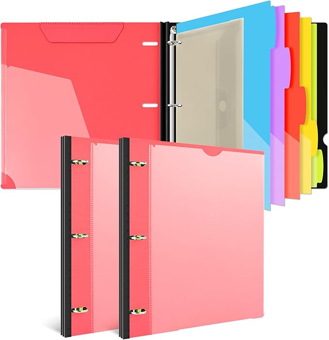 INFUN 1 Inch Telescoping Project Organizer Binder-2PCS,13 Pocket, Customizable Front Cover, 5 Colors Pocket Divider and Plastic Binder Pocket，225 Sheet Capacity-Red