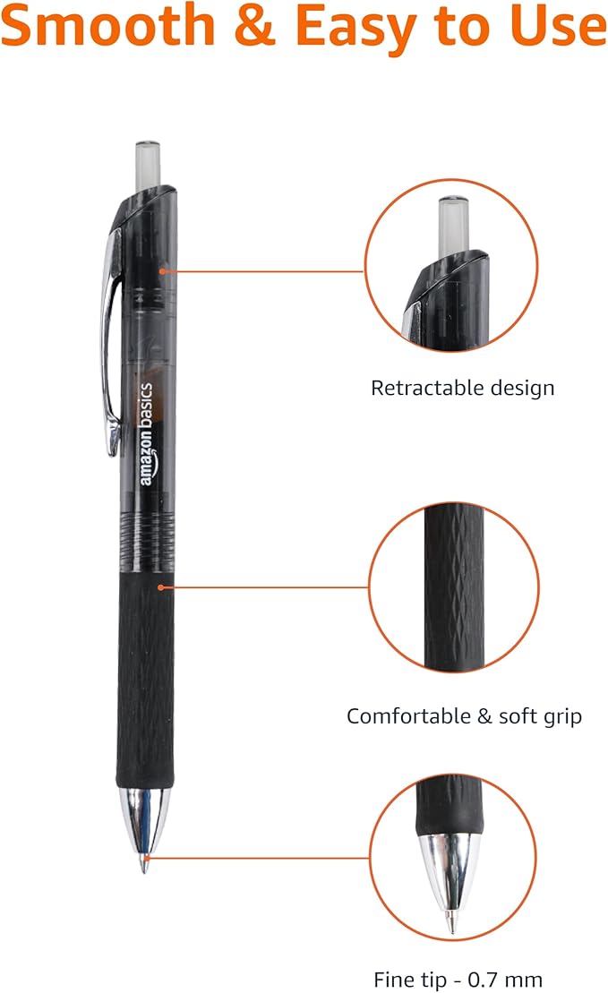 Amazon Basics Retractable Gel Pens, Fine Point 0.7mm, Smooth Writing, Black, No Smudge, School and Office Supplies, 12-Pack