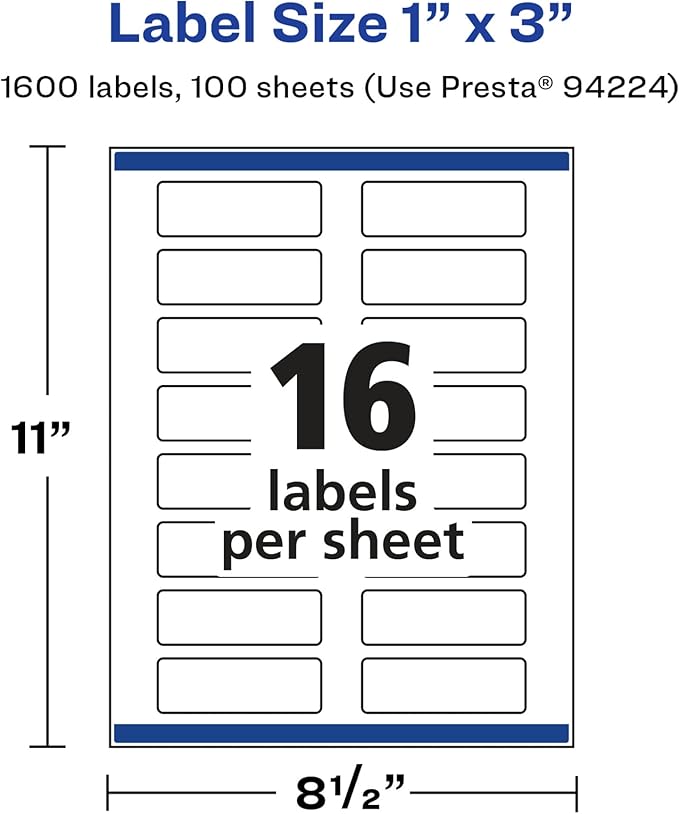 Avery Glossy White Rectangle Labels, Sure Feed Technology, 1" x 3", 1,600 Glossy White Labels, Print-to-The-Edge, Permanent Adhesive, Laser/Inkjet Printable