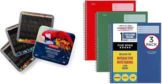 Bundle of Derwent Chromaflow Colored Pencils Tin, Set of 72, 4mm Wide Core, (2306014) + Five Star Interactive Notetaking Spiral Notebooks, 3 Pack, 1-Subject, College Ruled Paper (820195-ECM)