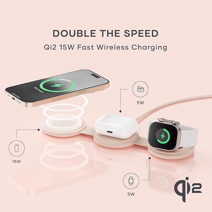 Satechi OntheGo™ 3 in 1 Wireless Charger, Qi2 Portable Charger with 15W Fast Charging for iPhone 17 to 12 series, 5W for Apple Watch, and 5W for AirPods, Magnetic Travel Charging Station – Desert Rose