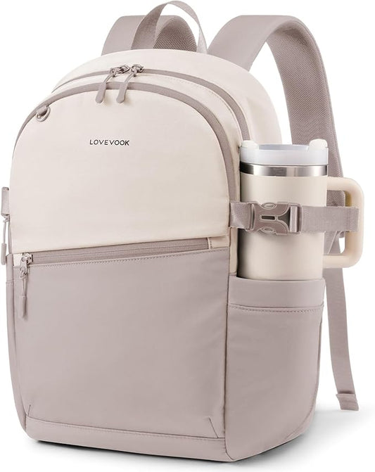 LOVEVOOK Everyday Backpack for Women, Chic Versatile Backpack with Water Bottle Pocket, Lightweight Waterproof Casual Daypack for City Work Commute, College, Travel & Gifts, Beige-Light Gray