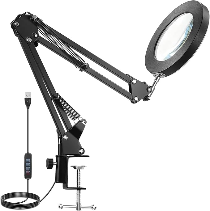 NEEWER Entry Level Version 10X Magnifying Glass with Light & Clamp Stand, 6.3" Dimmable Magnifier Lamp LED Ring Light for Desk with 3 Color Modes CRI80+ for Crafting Reading Close up Work, N19