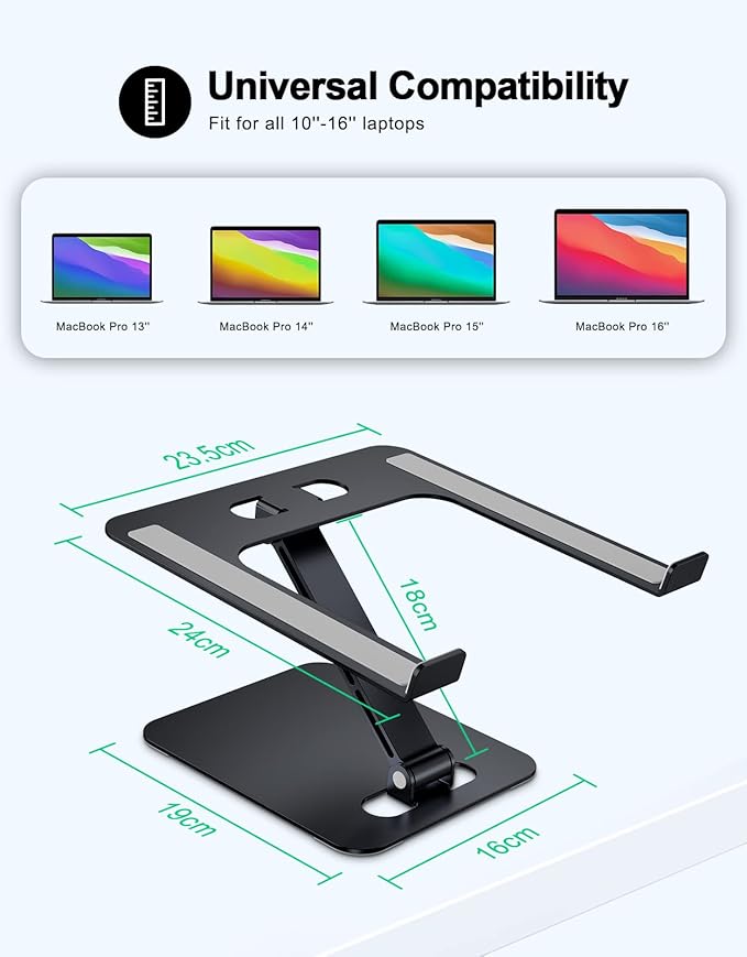 Foldable Laptop Stand, Height Adjustable Ergonomic Computer Stand for Desk, Aluminum Portable Laptop Lecterns Riser Notebook Mount Compatible with MacBook Pro Air, HP, Dell 10-16"(Black)