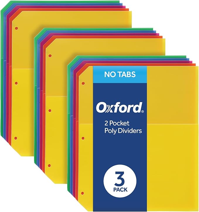 Oxford Poly Binder Dividers, Divider for 3 Ring Binder, Double Pocket, 3 Hole Punch Organizers, Bright Colors, 5 Untabbed Non-Stick Organizers, Durable Plastic, Pack of 3 Index Dividers (59800)