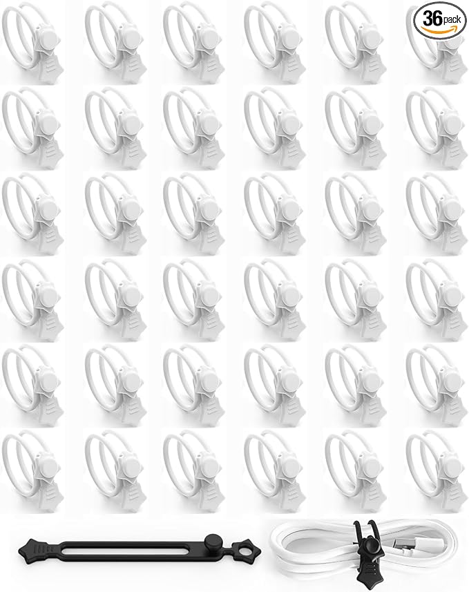36-Pack Silicone Cable Ties, Reusable Cord Organizer Straps With 2 Binding Methos, Durable & Stretchable Wire Management for Home, Office, Travel (White)