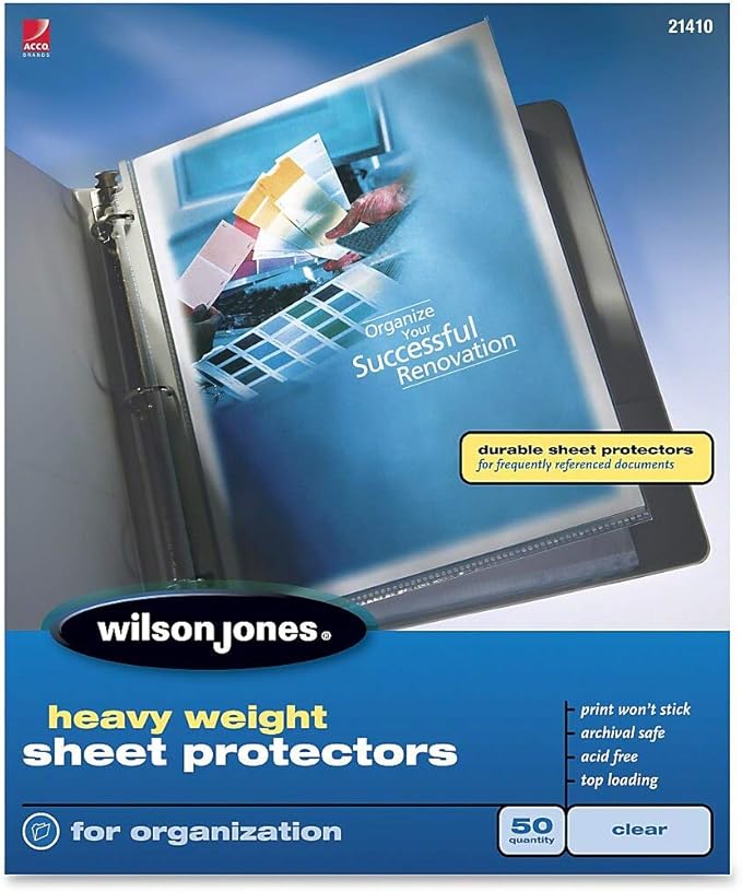 Wilson Jones Sheet Protectors, Heavy Weight, Top-Loading, Clear, 50 Sheets/Box (W21410)
