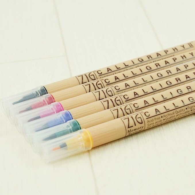 Kuretake Zig Calligraphy 2 Dual Tip Markers 6 Colors Set, 2mm, 3.5mm, Square Tips, Photo-Safe, for Beginners, Made in Japan