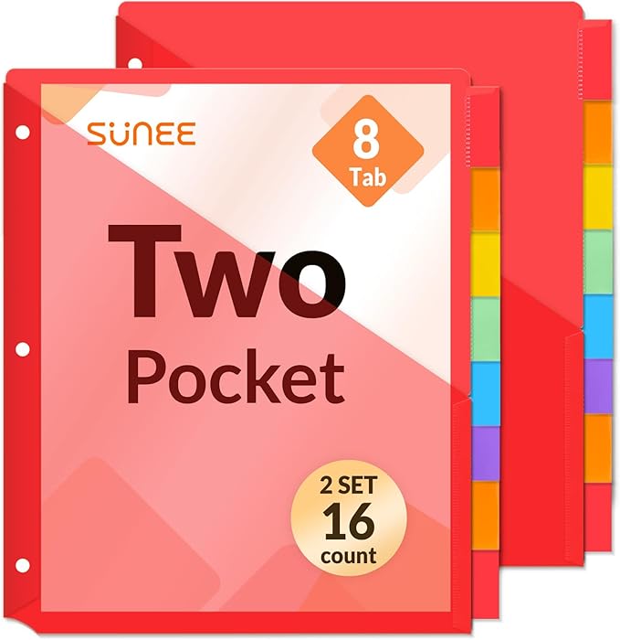 SUNEE 8 Tab Dividers with Pockets, Plastic Dividers for 3 Ring Binder, Subject Dividers with 2 Pockets, Binder Dividers for School Office Home Supplies, Multicolor, 2 Set