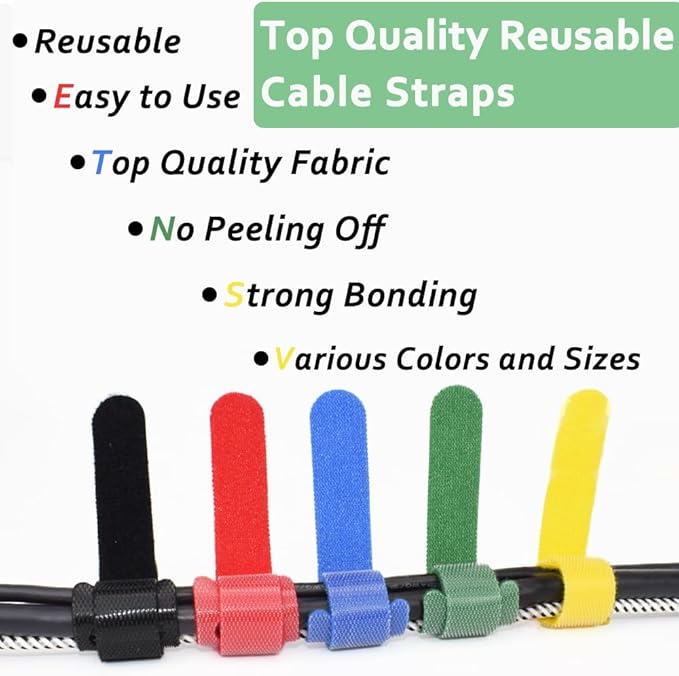 100pcs Cable Ties Reusable Rainbow Color Wire Ties Cable Management Cord Ties Reusable for Electronics Hook and Loop Cable Ties for Computer 6 Inch with 5 Colors