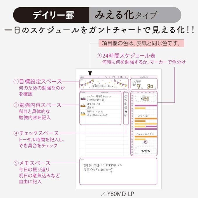 Kokuyo Campus Study Planner Notebook, Daily Ruled, A5, Light Pink, for 63 Days, Japan Import (NO-Y82MD-LP)