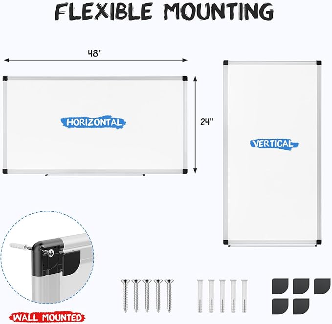 OLIXIS Magnetic White Board, Dry Erase Board for Wall 24" x 48", Whiteboard with 1 Dry Eraser & 2 Multicolor Markers & 4 Magnetic Pins, Aluminium Frame for Home, School, Office, White