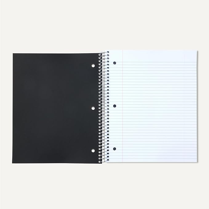 Amazon Basics College Ruled Spiral Notebook, Poly Cover, 3 Subject, 150 Sheets, 9" x 11", Black, 1 pack