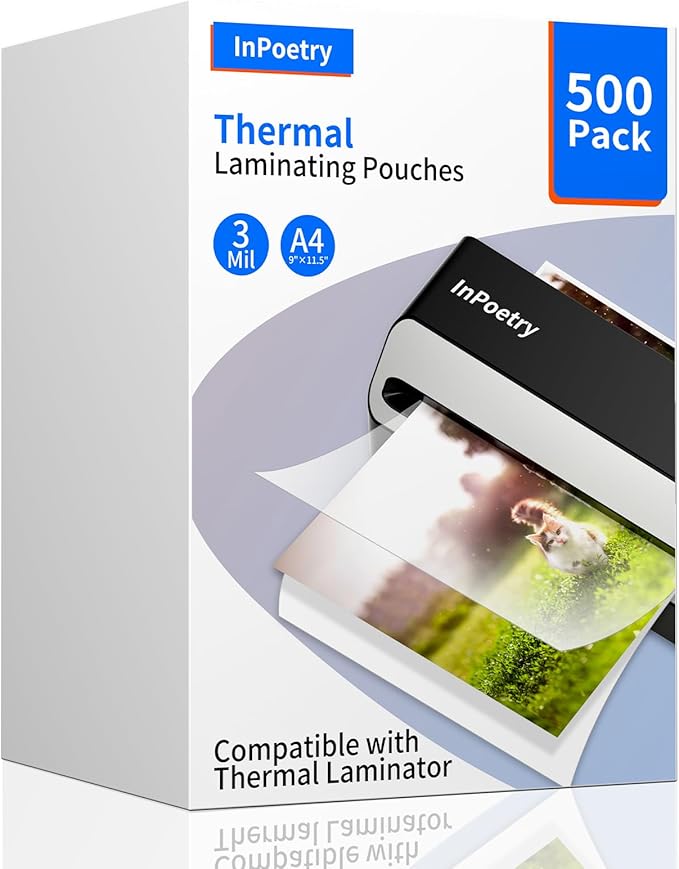 Thermal Laminating Sheets, 9” x 11.5” Laminating Sheets, 3 Mil Thickness Clear Laminating Pouches, Compatible Thermal Laminators, 500 Packs.