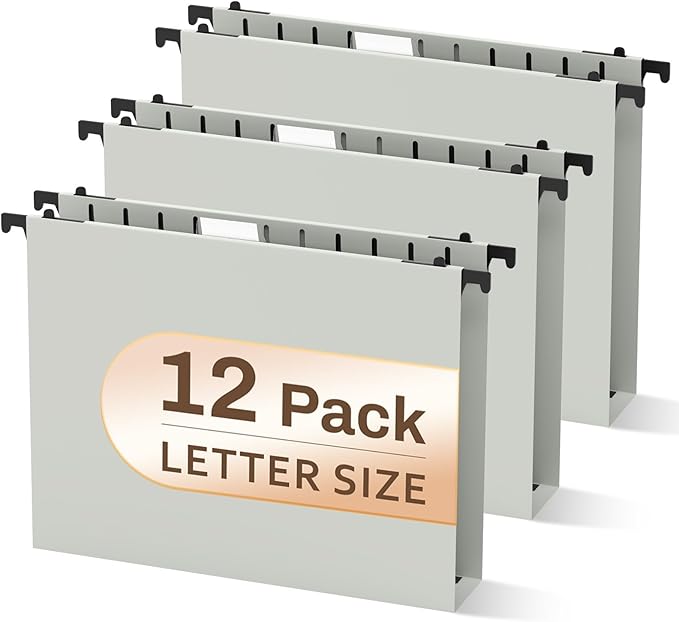 12 PCS Hanging File Folders Letter Size, Plastic Hanging Folders, Extra Capacity 2 Inch Heavy Duty Reinforced Grey Hanging Files Filing Cabinet Folders Letter Size for/Bulk Files/Medical Charts