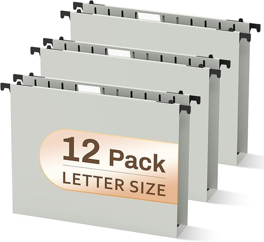 12 PCS Hanging File Folders Letter Size, Plastic Hanging Folders, Extra Capacity 2 Inch Heavy Duty Reinforced Grey Hanging Files Filing Cabinet Folders Letter Size for/Bulk Files/Medical Charts