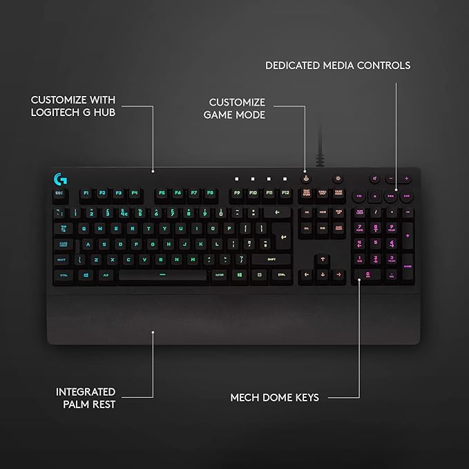 Logitech G213 Prodigy Gaming Keyboard - Wired RGB Backlit Keyboard with Mech-Dome Keys, Palm Rest, Adjustable Feet, Media Controls, USB, Compatible with Windows – Black