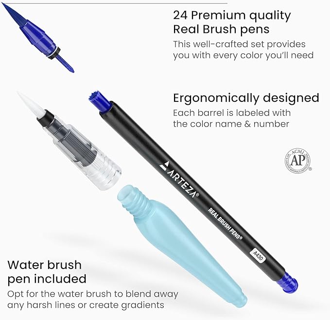 ARTEZA Watercolor Paint Pens, 24 Watercolor Brush Pens with Flexible Nylon Brush Tips, Paint Markers for Artists, and Beginners