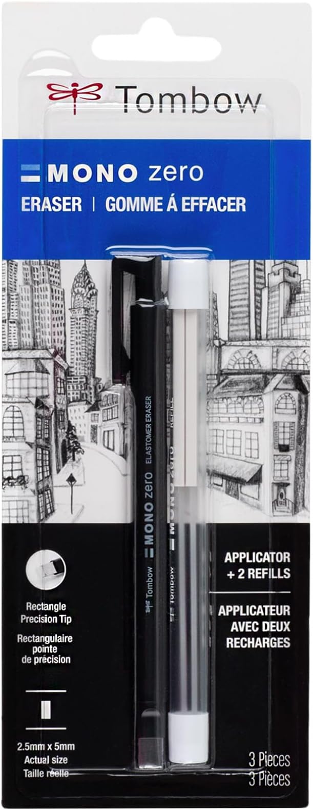 Tombow 57317 Mono Zero Eraser Value Pack, Rectangle 2.5mm. Precision Tip Pen-Style Eraser with Refill