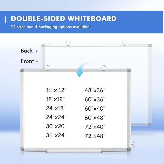 WALGLASS Large Whiteboard, 48" x 36" Double-Sided Large Dry Erase White Board for Wall, Hanging Whiteboard with Silver Aluminium Frame for Home, School, Office, Kitchen