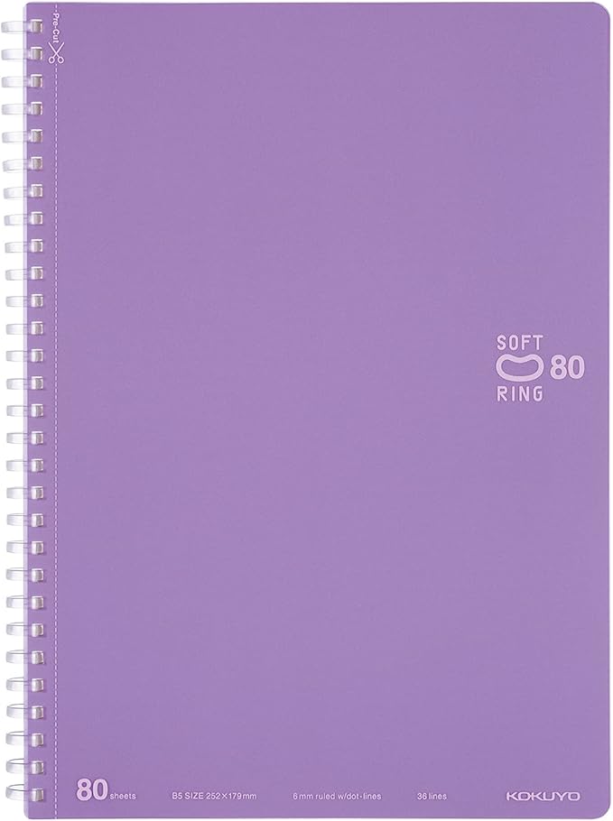 KOKUYO Spiral Lined Notebook, 10'' x 7'' Pastel Journal B5 Soft Ring Notebooks with Dot 6 mm Ruled, 80 Sheets, Purple 1 Subject Notebook, Note Taking for School. Japan Import (SU-SV308BT-V)