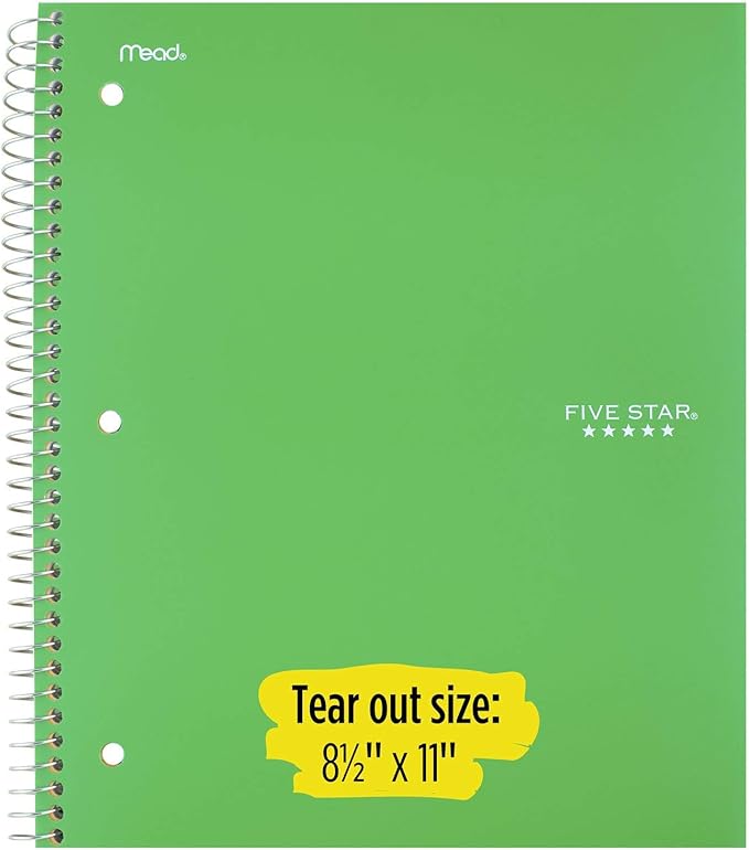 Five Star Spiral Notebooks, 1 Subject, College Ruled Paper, 100 Sheets, 11" x 8-1/2", Color Selected For You, 1 Count (06206)