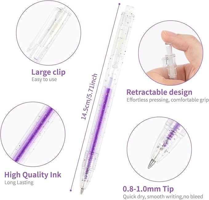 Glitter Gel Pens, 24 Colors Metallic Vibrant Retractable Sparkle Gel Pens for Coloring Journaling Drawing Doodling Colored Pen for Kids Adult Fun Pens 0.8-1mm