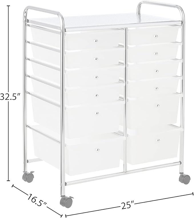 Whitmor 12-Drawer Rolling Storage Cart with Locking Wheels, Plastic Organizer for Crafts, Office, Beauty Supplies, Sturdy Metal Frame, Large Workspace, Chrome