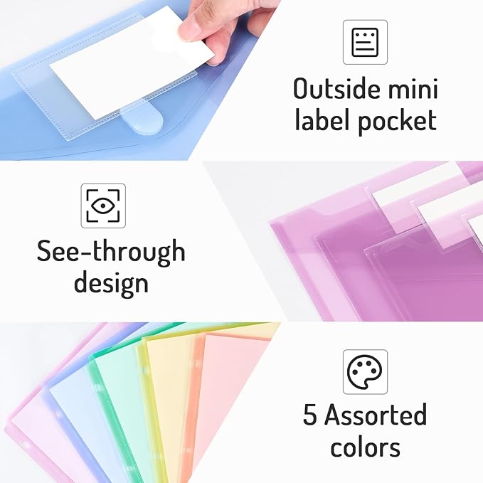 Forvencer Binder Pocket, 5 Pack Super Heavyweight Plastic Folders with Tight Closure, Binder Folders Side Loading, 3 Ring Binder Pocket, Binder Dividers with Pockets, Letter Size, Pastels Series