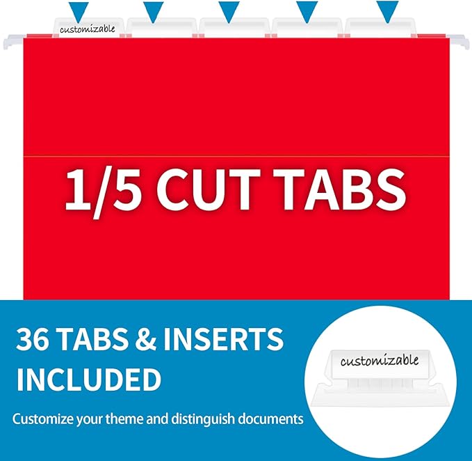 36 Pack Hanging File Folders, Letter Size with 1/5-Cut Adjustable Tabs, 12 Selected Color - File Folder Organizer for Filing Cabinet Office Home, Designed for Bulky Files, Medical Charts