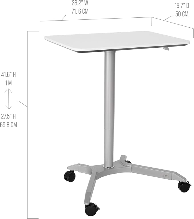 Seville Classics Airlift Height Adjustable Pneumatic Laptop Sit Stand Desk Mobile Rolling Cart, Computer Workstation for Home Office, Classroom, White, 28" Premium Desktop (New Model)