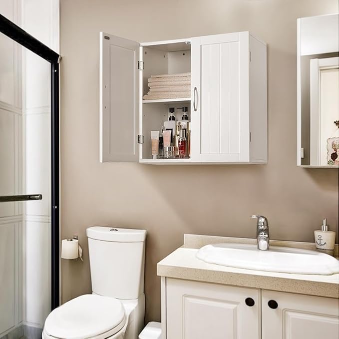 Yaheetech Bathroom Wall Cabinet with Adjustable Shelf, Kitchen Storage Cupboard Cabinet with 2 Doors, Wall Mount Medicine Cabinet for Living Room, Laundry, White