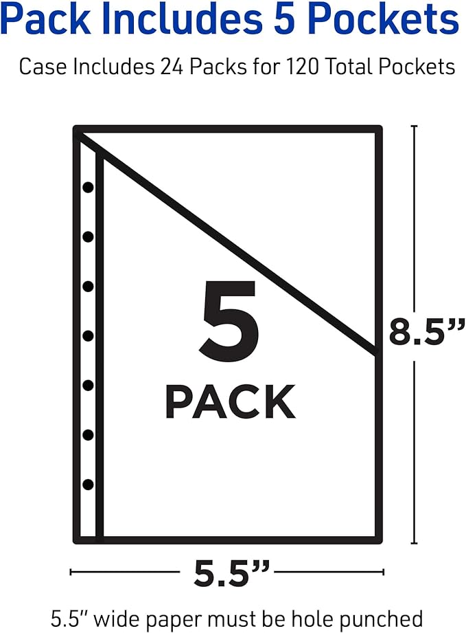 Avery Mini Binder Pockets for 3 Ring Binders and 7 Ring Binders, Assorted Colors, for 5.5" x 8.5" Documents, Acid-Free and Archival-Safe, 5 Binder Folders Total (75307)