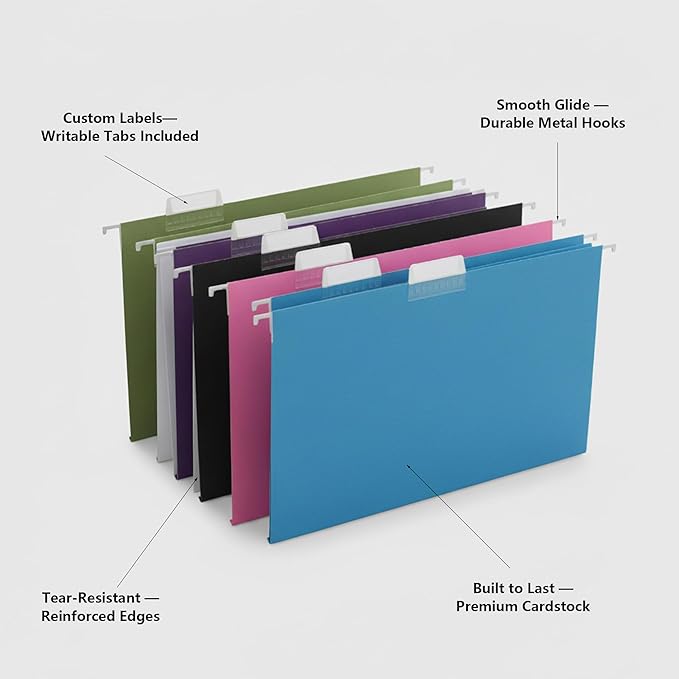 50 Packs Hanging File Folders,Assorted Color Letter Size File Folders with 1/5 Adjustable Cut Tabs for Office/Home/School,Decorative,Drawer,Desk and Cabinet Use(Black,Blue,Pink,Purple,Standard Green)