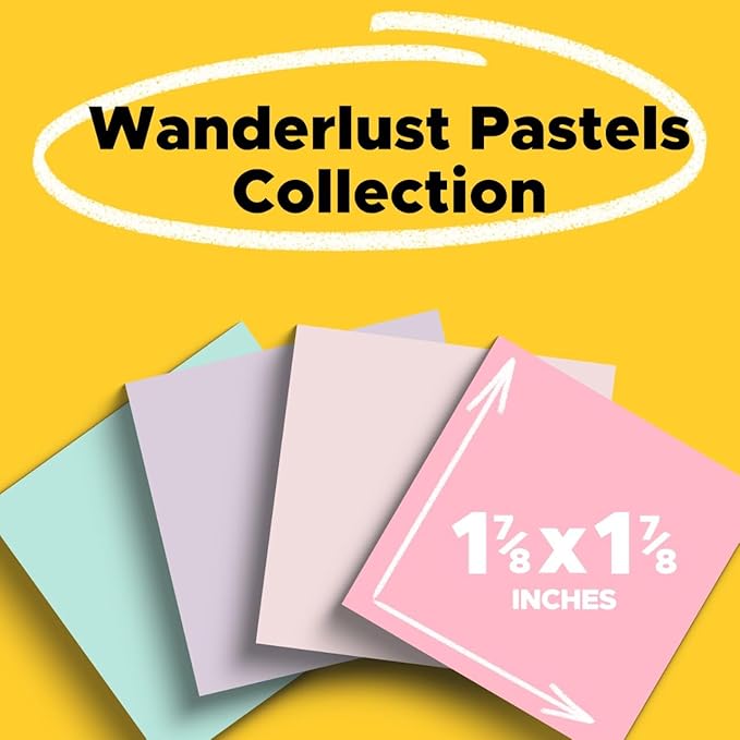 Post-it 100% Recycled Paper Super Sticky Notes, 18 Sticky Note Pads, 1 7/8 in. x 1 7/8 in., Wanderlust Pastels Collection, New Year Organization or Second Semester School Supplies