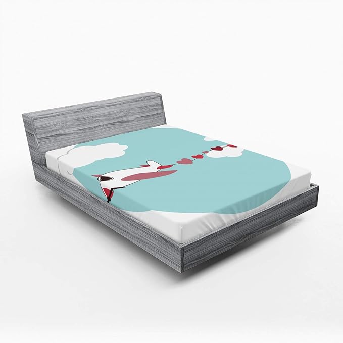 Ambesonne Airplane Fitted Sheet, Abstract and Romantic Sky Scene Along Hearts Streaming Behind, Bed Cover with All-Round Elastic Deep Pocket for Comfort, Queen Size, Dried Rose and Pale Seafoam