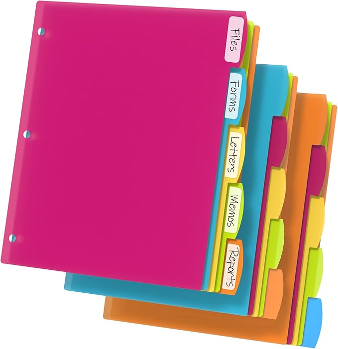 HABGP 3 Ring Binder Dividers with Tabs, 15PCS/3 Set Plastic Dividers for 3 Ring Binder, 5 Tab 3 Hole Punch Dividers Color Pages,Tabbed Index Dividers