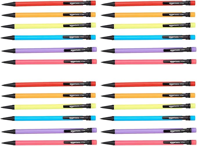Amazon Basics Mechanical Pencils 0.7mm for Writing, Drawing, School and Office Supplies, Multicolor, 24-Pack