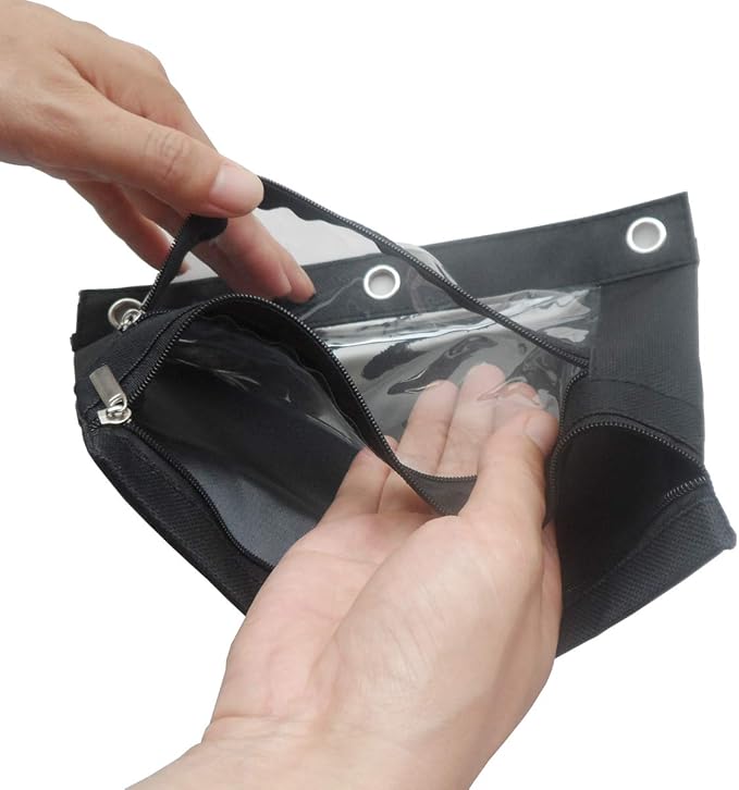 Enyuwlcm 3 Ring Binder Pencil Pouch with Durable Zipper Binder Pencil Case with Clear Window 2 Pocket Black Canvas 2 Pack