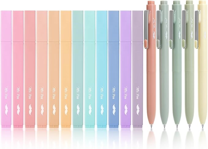 Mr. Pen- Aesthetic Highlighters and Gel Pens, 17 Pack, 12 Muted Pastel Highlighters No Bleed & 5 Black Ink 0.7mm Aesthetic Gel Pens