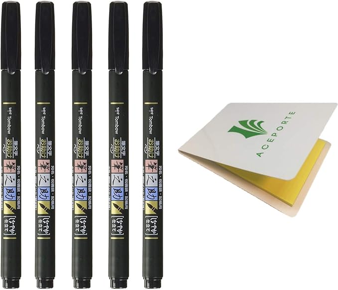 Tombow Fudenosuke Fude Brush Pen Soft (GCD-112) x5 Set, with Original Sticky Notes – Great for Calligraphy, Art Drawings, Illustration, Manga
