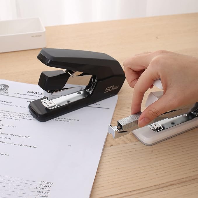 Deli Effortless Desktop Stapler, Heavy Duty Stapler, 40-50 Sheet Capacity, One Finger, No Effort, Includes Staples & Staple Remover, Black