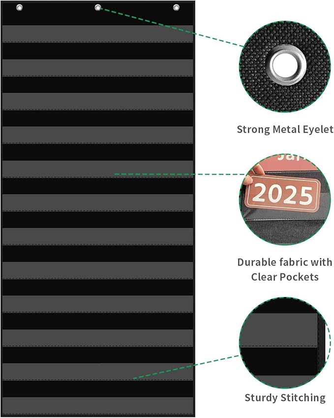 20”W x 48.25”H Classroom Words Pocket Chart with 12 Clear Pockets, Black Standard Pocket Chart for Classroom and Home for Sentence Strips, Reusable Clear Pocket Hanging Words Chart (Black)