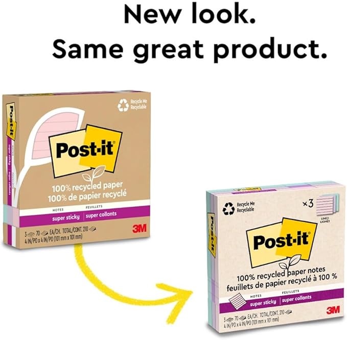 Post-it 100% Recycled Paper Super Sticky Notes, 2X The Sticking Power, 4x4 in, Lined, 3 Pads, 70 Sheets/Pad, Wanderlust Pastels Collection (675R-3SSNRP)